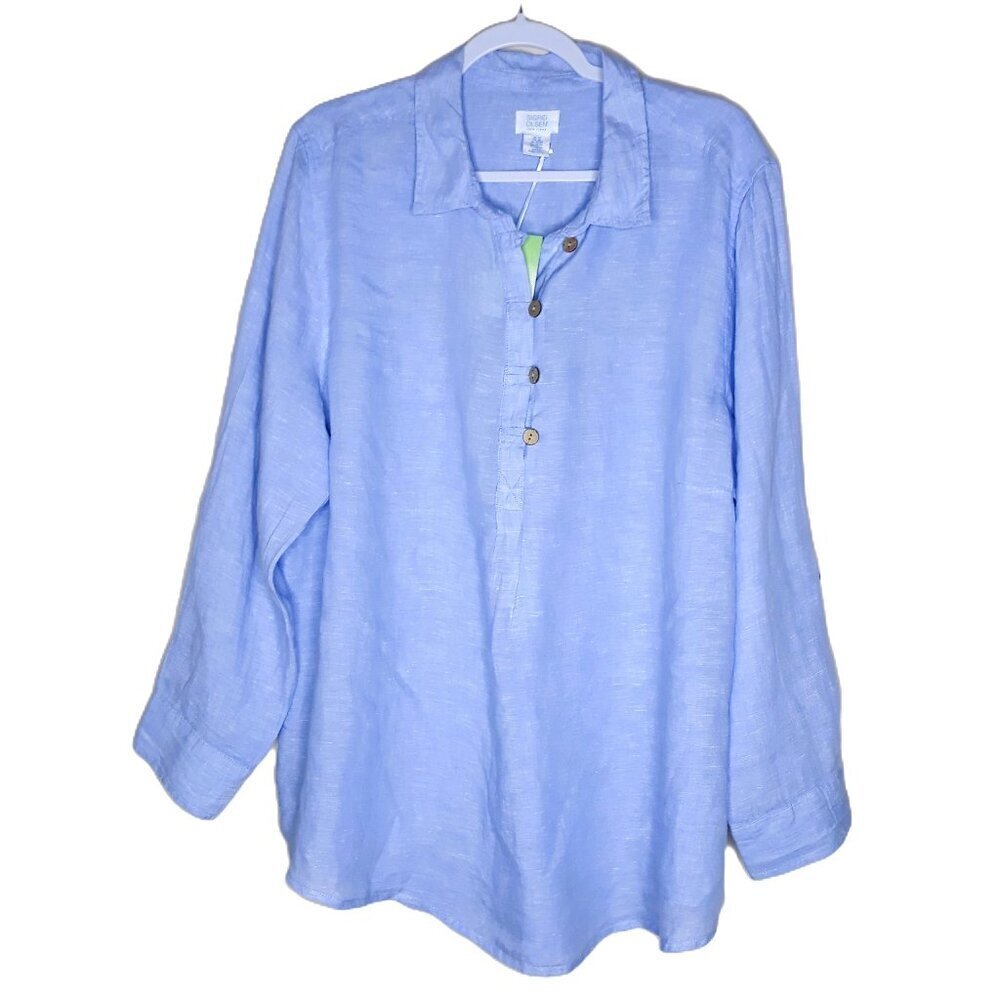 NEW Sigrid Olsen Tunic Top Blue Linen Long Sleeve Lagenlook Coastal